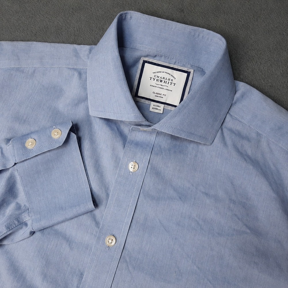 Charles Tyrwhitt Shirt Mens Large 17/34 Blue Dress Classic Fit Non Iron London